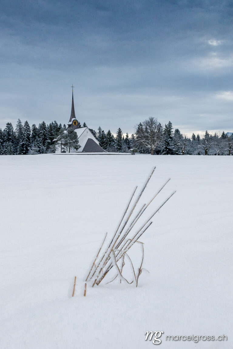 . romantic Wützbrunnen church in the wintry Emmental with a frozen blade of grass. Marcel Gross Photography