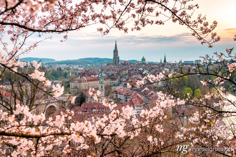 Bern pictures. Evening mood over the old town of Bern during the cherry blossom season. Marcel Gross Photography