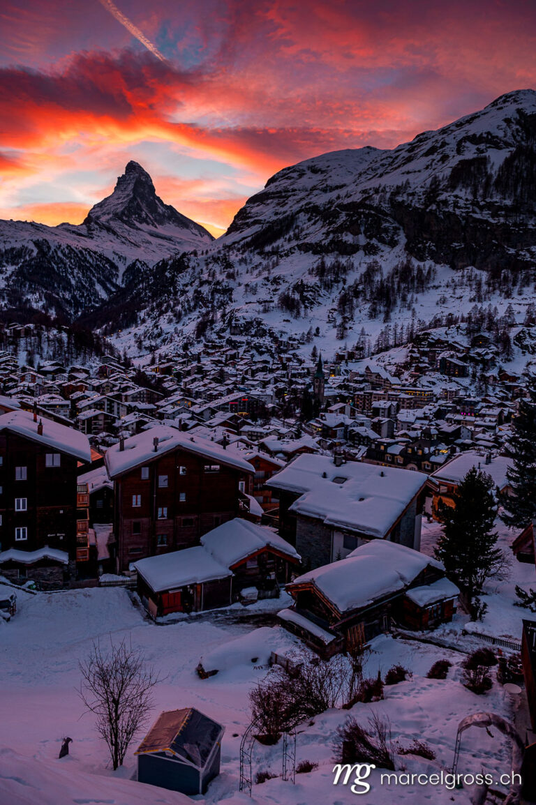 . the alpine village of Zermatt and Matterhorn at a wonderful sunset in the Alps of Switzerland.. Marcel Gross Photography