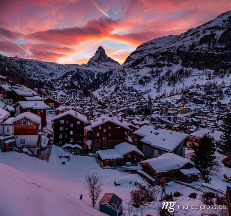 . the alpine village of Zermatt and Matterhorn at a wonderful sunset in the Alps of Switzerland.. Marcel Gross Photography