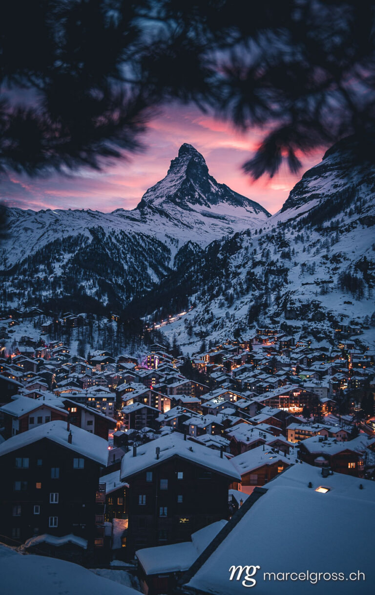 . The village of Zermatt in front of the Matterhorn at a wonderful Sunset in the Swiss Alps. Marcel Gross Photography