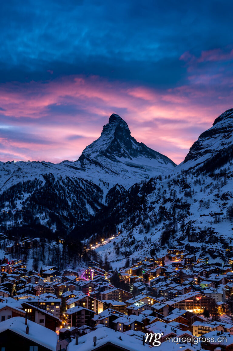 . The village of Zermatt in front of the Matterhorn at a wonderful Sunset in the Swiss Alps. Marcel Gross Photography