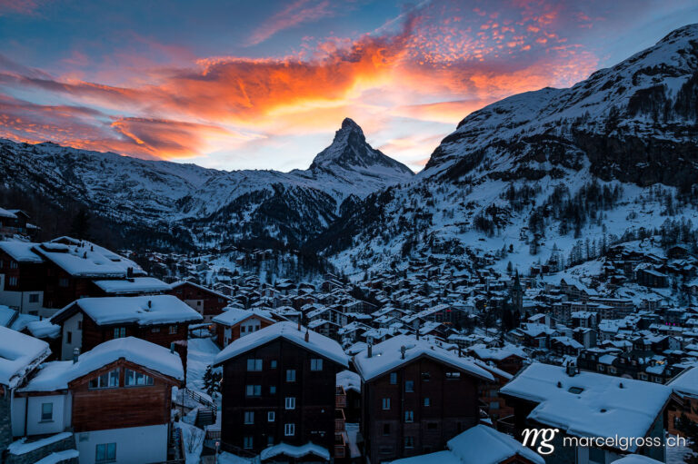 Winterbild Schweiz. Zermatt and Matterhorn in the Alps of Switzerland on a wonderful sunset. Marcel Gross Photography