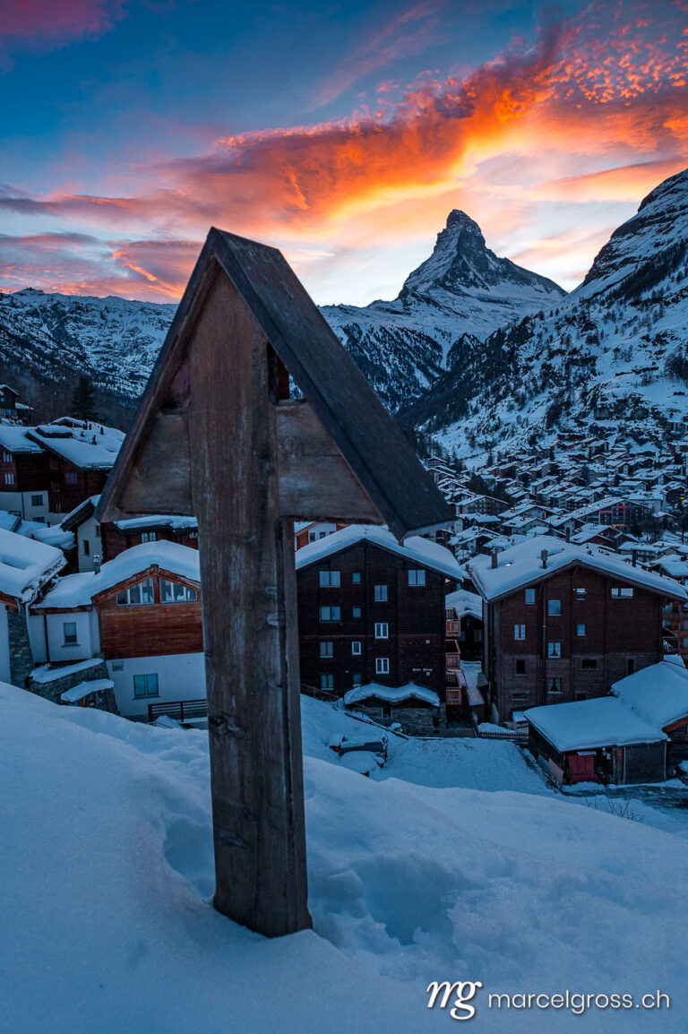 . Zermatt and Matterhorn in the Alps of Switzerland on a wonderful sunset with a cross. Marcel Gross Photography