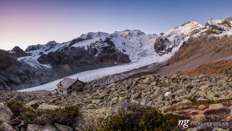 Boval Hut SAC before sunrise with Morteratsch Glacier and Bernina Massif, Pontresina, Switzerland. Taken by Marcel Gross Photography