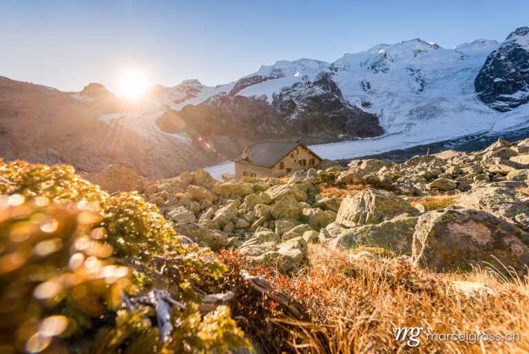 . Sunrise over the Bovalhütte and Morteratsch Glacier, Graubünden, Switzerland. Marcel Gross Photography