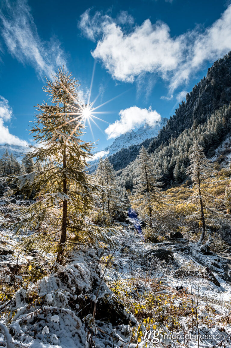 Autumn picture Switzerland. first snow on a beautiful autumn day in Vallée du Trient, Valais. Marcel Gross Photography