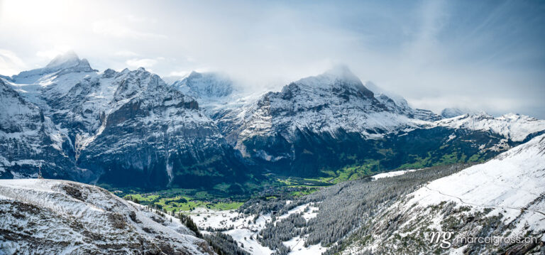 . panoramic view from Grindelwald-First over Wetterhorn, Schreckhorn and Eiger with its Northface. Marcel Gross Photography
