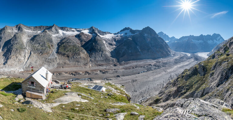 . panoramic view with Lauteraarhütte and Unteraargletscher on a sunny summer day. Marcel Gross Photography