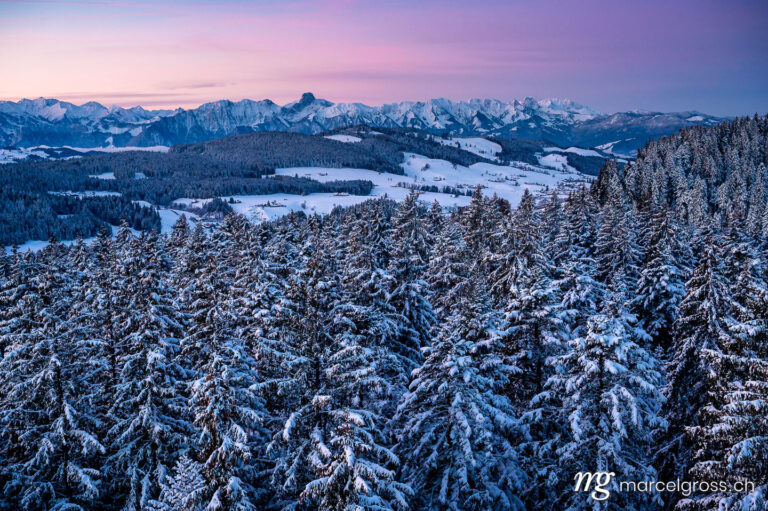 dawn in Emmental with Stockhorn and snowy forest in the hills of Emmental. Taken by Marcel Gross Photography
