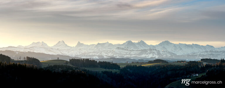 . panoramic view of the Bernese Alps and the hills of Emmental Valley in front. Marcel Gross Photography