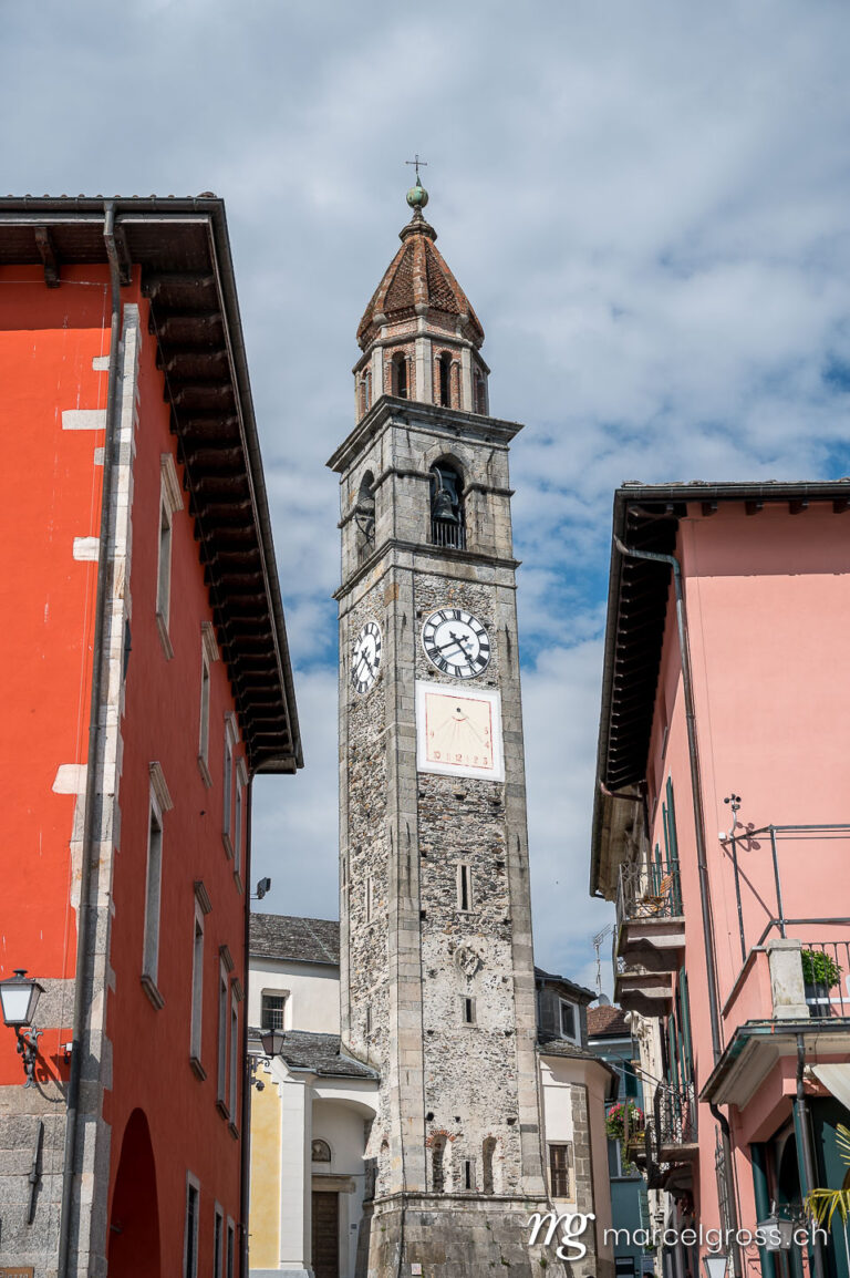 Ticino pictures. Clocktower of Chiesa parrocchiale dei Santi Pietro e Paolo in Ascona, Ticino. Marcel Gross Photography