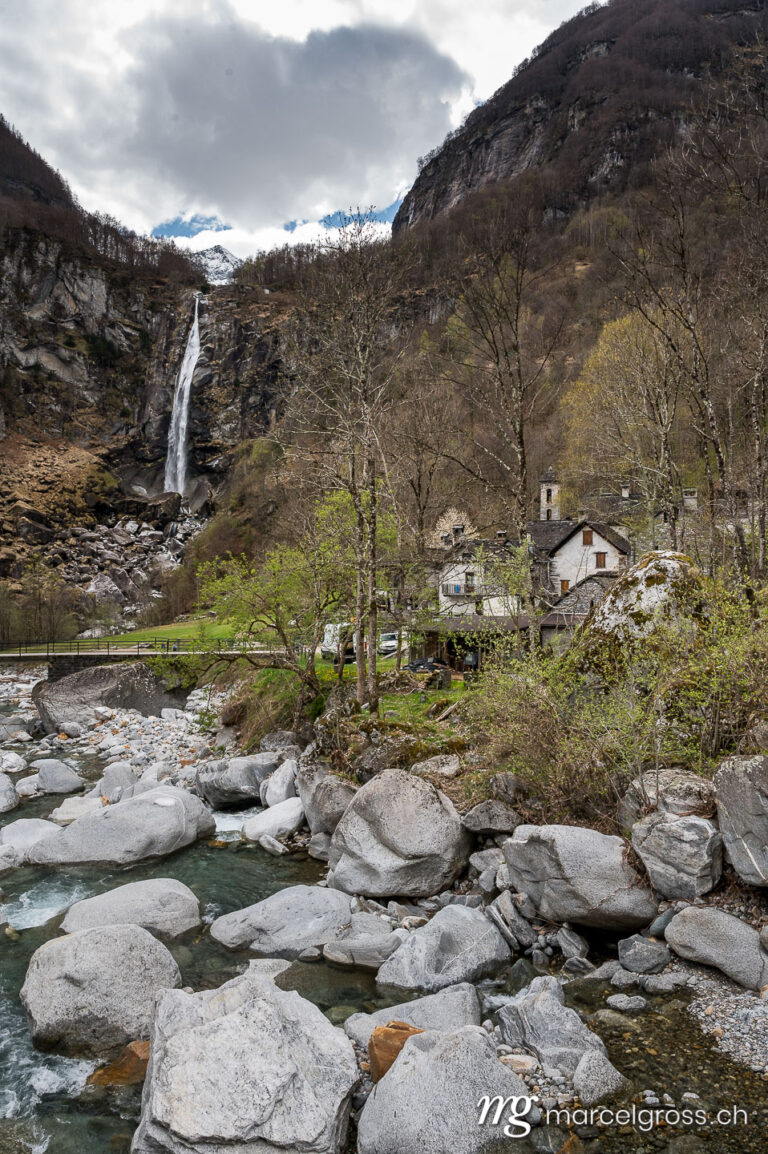 Ticino pictures. impressive Cascata di Foroglio in spring, Valle di Bavona, Ticino. Marcel Gross Photography