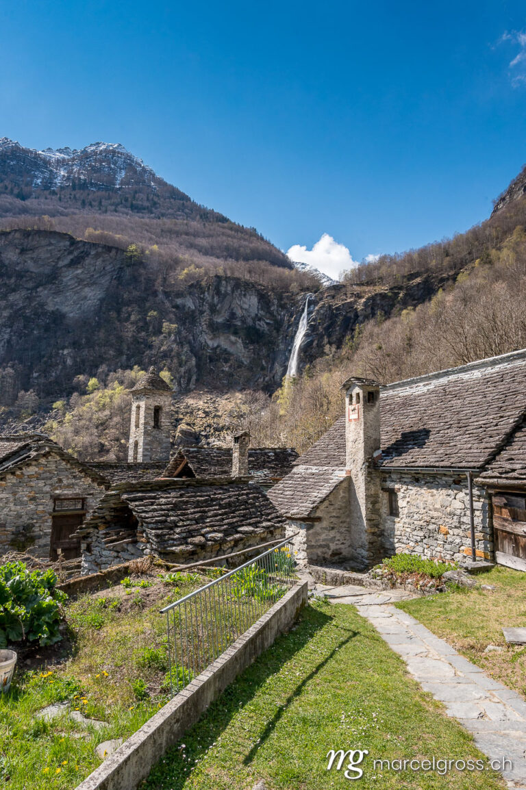 Ticino pictures. village of Foroglio with waterfall in Valle Bavona, Ticino. Marcel Gross Photography