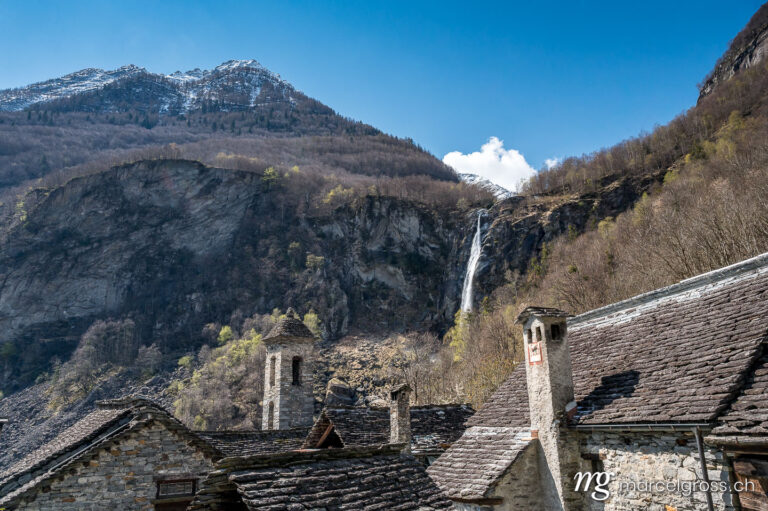 Tessin Bilder. village of Foroglio with waterfall in Valle Bavona, Ticino. Marcel Gross Photography