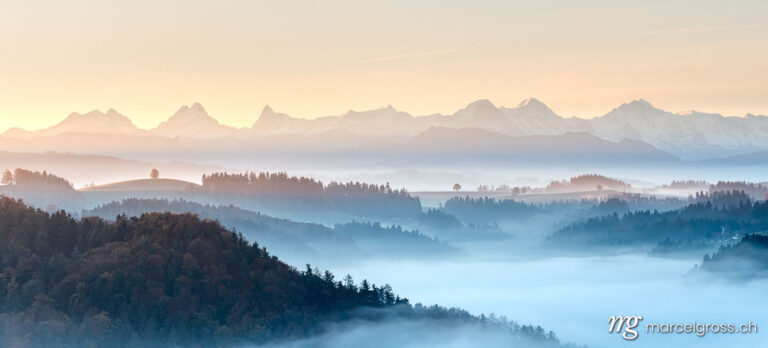 Autumn picture Switzerland. Foggy autumn morning with Bernese Alps with Schreckhorn, Eiger Monch and Jungfrau. Marcel Gross Photography