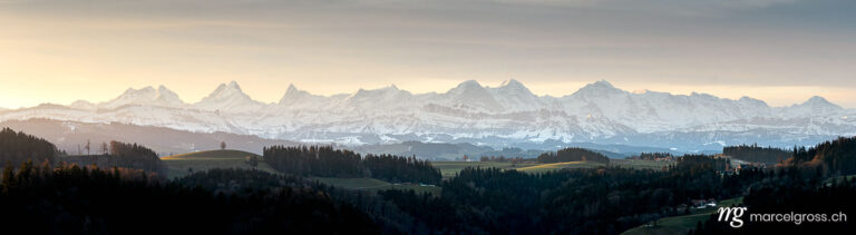. panoramic view of the Bernese Alps and the hills of Emmental Valley in front. Marcel Gross Photography