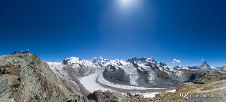 Panoramabilder Schweiz. view from Gornergrat in Zermatt with Monte Rosa Massiv, Gorner Glacier and Matterhorn. Marcel Gross Photography