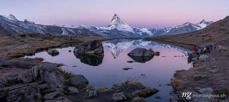 Panorama pictures Switzerland. Morning glory at an alpine lake in Zermatt with mighty Matterhorn. Marcel Gross Photography