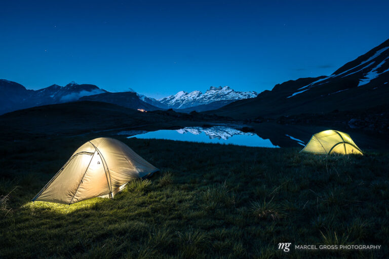camping in the wild of Melchseefrutt with Mount Titlis. Taken by Marcel Gross Photography