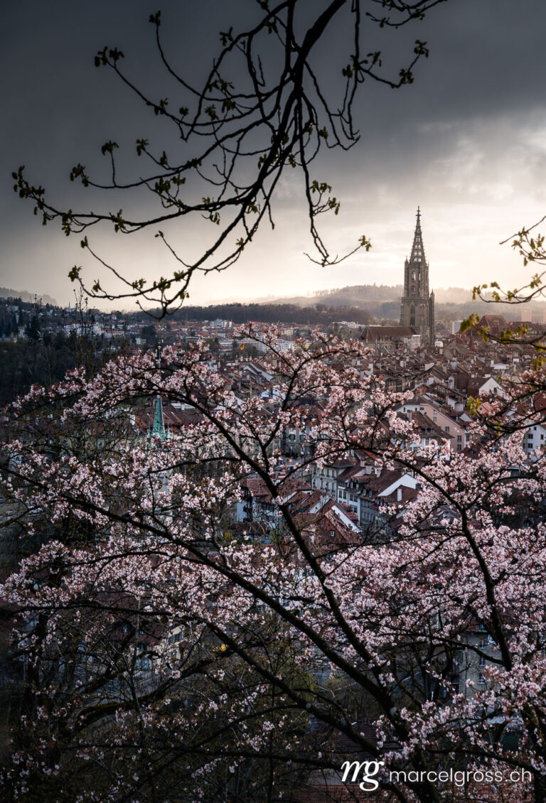 Bern pictures. dramatic clouds over the old town of Bern in spring during cherry blossom. Marcel Gross Photography