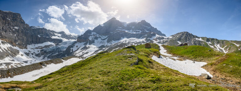 Fridolinshütte SAC with peak of Tödi in the Glarus Alps. Taken by Marcel Gross Photography