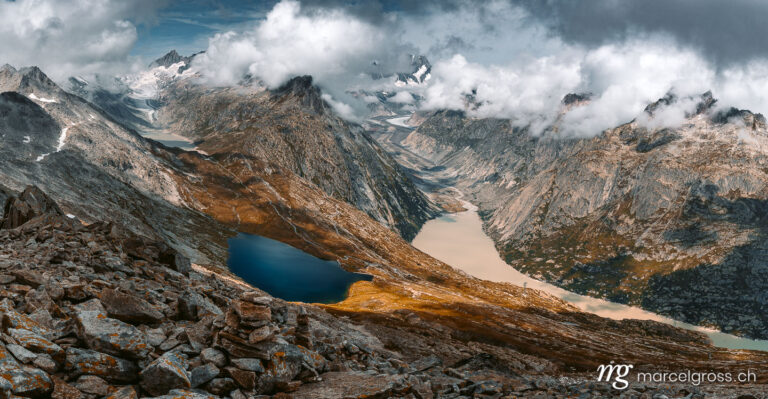 Panoramabilder Schweiz. Panorama Aussicht auf Unteraargletscher, Oberaargletscher, Triebtenseewli und Grimselsee. Marcel Gross Photography
