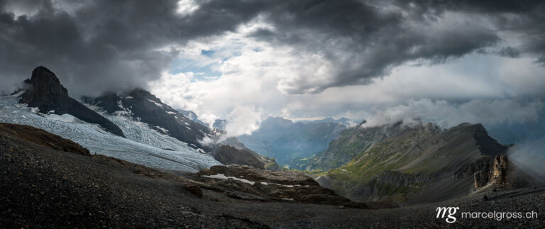 Panorama pictures Switzerland. Panoramic view from Blümlisalphütte SAC with Hohtürli and the view in direction of Kandersteg. Marcel Gross Photography