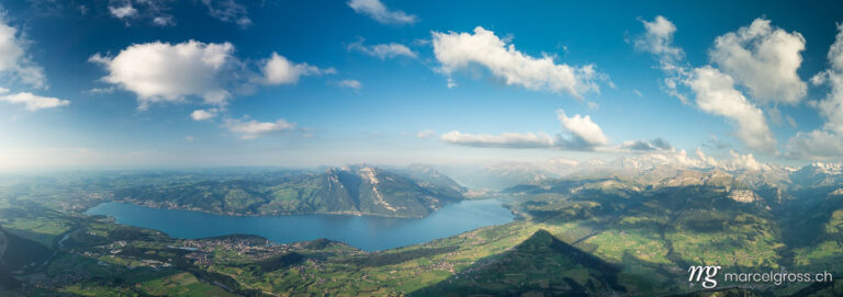 Panoramabilder Schweiz. panoramic view from Mount Niesen over the Berner Oberland with Thun, Spiez and Lake Thun. Marcel Gross Photography