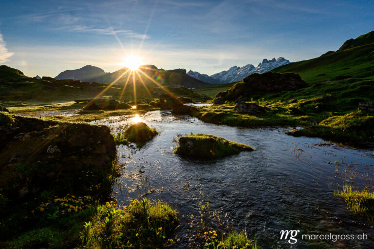 Summer pictures Switzerland. Peak of Titlis with alpine creek near Melchseefrutt at sunrise in the swiss alps. Marcel Gross Photography