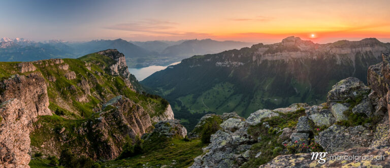 Panorama pictures Switzerland. Sunset panorama over the Justistal, Niederhorn and Lake Thun. Marcel Gross Photography
