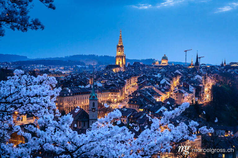 Bern pictures. view from Rosengarten over the historic center of Bern during cherry blossom in spring. Marcel Gross Photography