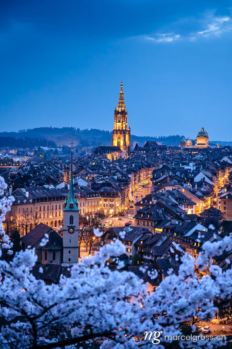 Bern pictures. view from Rosengarten over the historic center of Bern during nightfall. Marcel Gross Photography
