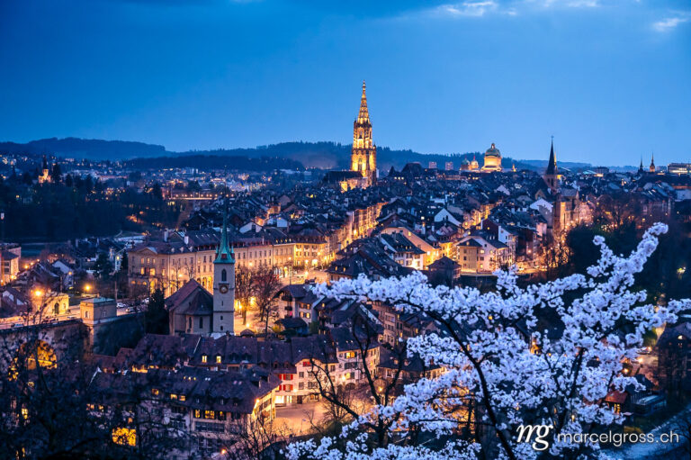 Bern pictures. view from Rosengarten over the historic center of Bern during nightfall. Marcel Gross Photography