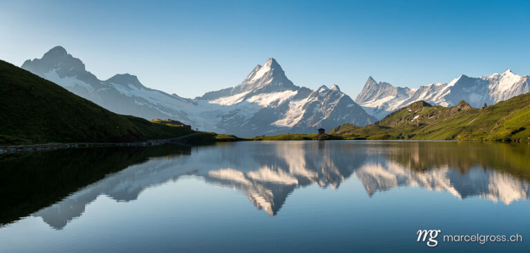 Summer picture Switzerland. Schreckhorn and Bachalpsee on a beautiful summer morning. Marcel Gross Photography