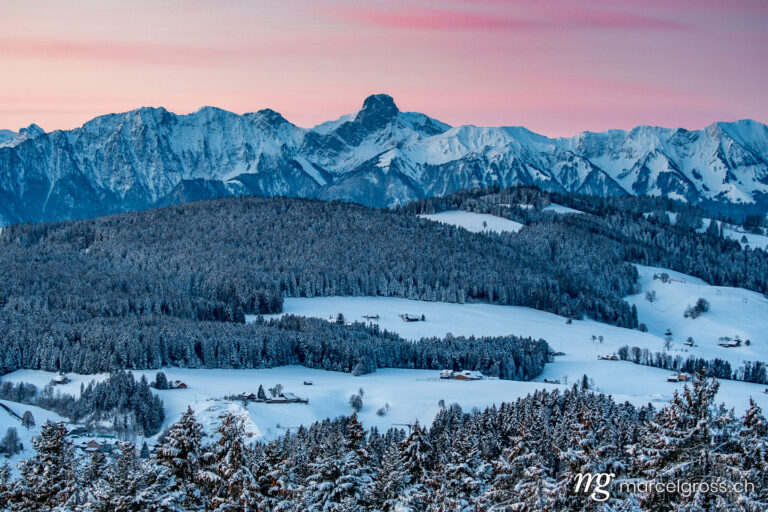 Winter picture Switzerland. Dawn over Stockhorn and Emmental in winter. Marcel Gross Photography