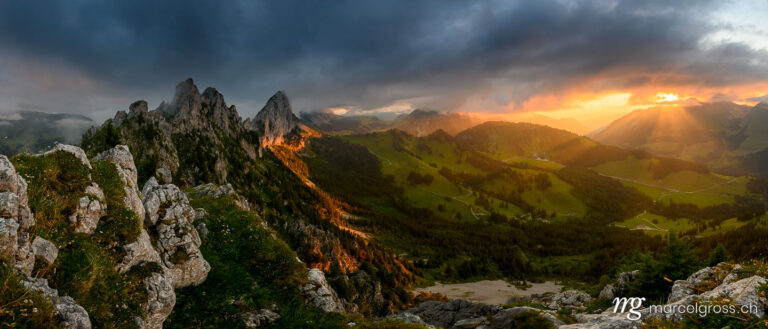 Panorama pictures Switzerland. fantastic summer sunset at the swiss peaks of Gastlosen. Marcel Gross Photography