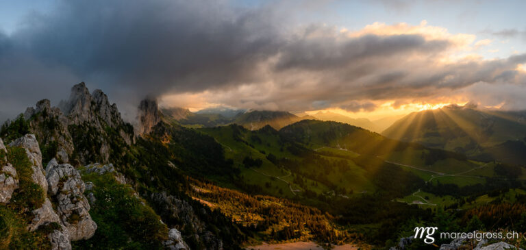 . dramatic sunset panorama at the rugged peaks of Gastlosen in the alpine foothills of Fribourg. Marcel Gross Photography