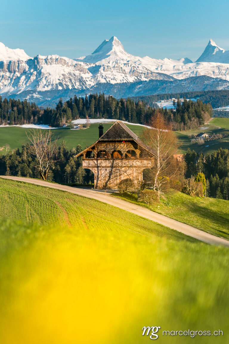 Emmental pictures. spring in Emmental with the mighty snowcovered Schreckhorn and Finsteraarhorn. Marcel Gross Photography