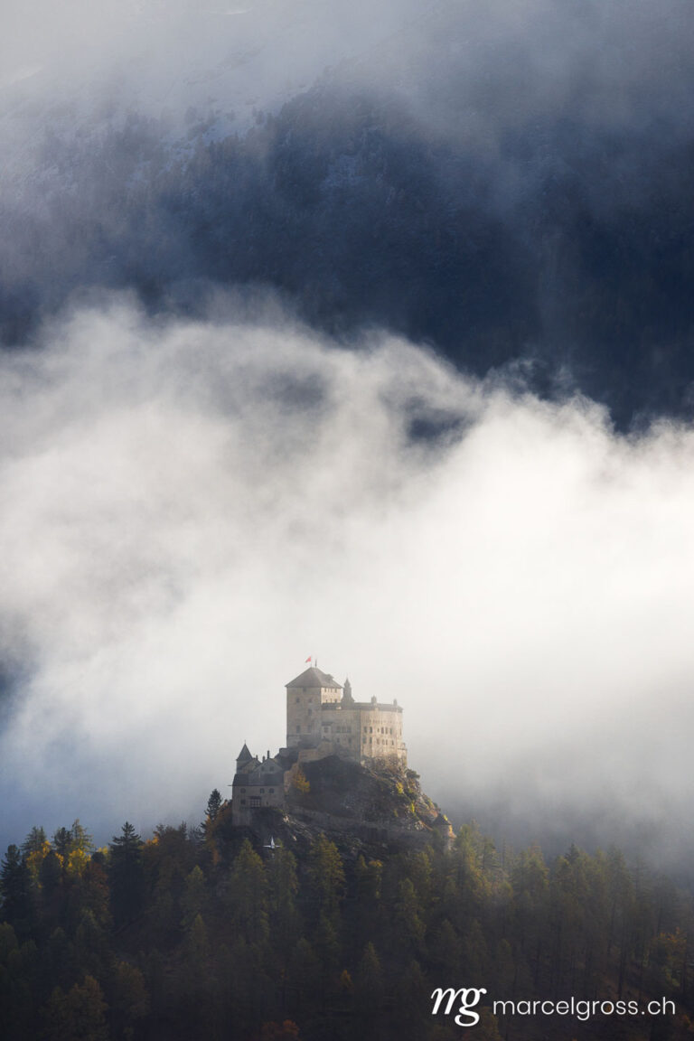 Engadin Bilder. castle of Tarasp near Scuol in Engadin in autumn. Marcel Gross Photography